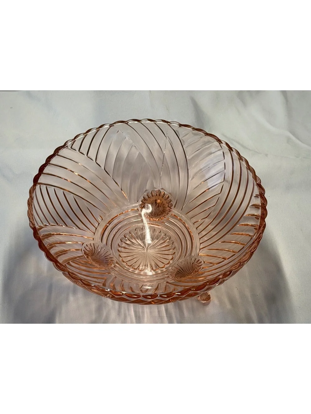Vintage Pink Depression Glass Spiral Swirl 3 Footed Console Bowl Serving